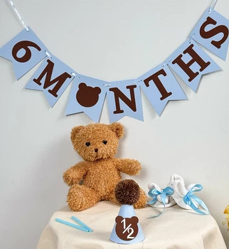 Набір на пів рочку ковпачок та розтяжка "6 months", блакитний з коричневим