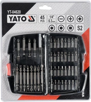 Универсальный комплект бит и насадок YATO 45 шт 1/4" с держателем для шуруповертов и ручного инструмента YT-04620