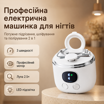 Профессиональная электрическая машинка для стрижки ногтей 3 в 1 с лупой 2,5×, LED-подсветкой, 3 скоростями и контейнером для срезо