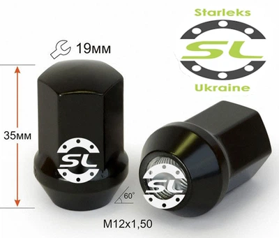 Гайки колісні M12x1,5x35; Чорний хром, Конус, ключ 19 (закриті), Starleks gk166 — шт. (Chevrolet, Citroen, Daihatsu, Hyundai, Kia, Mazda, Peugeot, Toyota, Lexus)