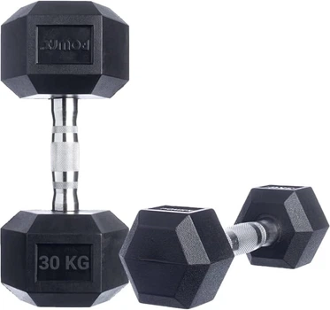 Гантелі POWRX 30 кг × 2 шт (комплект 60 кг), шестигранні, гумові, для силових тренувань