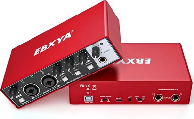 USB аудиоинтерфейс EBXYA 2x2 24-bit/192kHz для записи музыки, микрофона, гитары и подкастов, красный