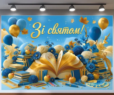 Фотозона «С праздником!» – баннер с открытой книгой, книгами и праздничным оформлением 180x120см, №41469