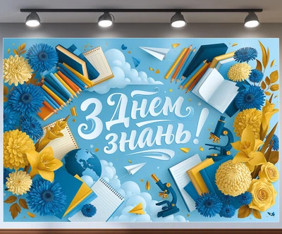 Фон для фотозоны «С Днем знаний!» с книгами, глобусом и бумажными самолётиками 180x120см, №41473