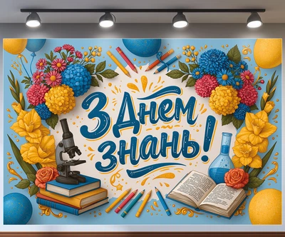 Баннер для фотозоны «С Днем знаний!» с микроскопом, книгами и цветами к 1 Сентября 240x160см, №41458