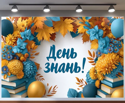 Баннер «День знаний!» для фотозоны с осенними листьями, книгами и праздничными шарами 180x120см, №41454