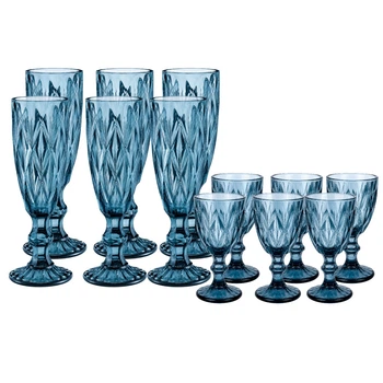 Набір гранених келихів для шампанського із чарками High Quality Glass 12 предметів Blue