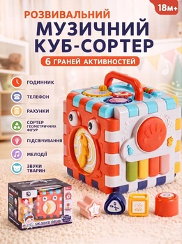 Развивающий музыкальный куб-сортер BM 1001 6 граней активностей, часы, телефон, счёты, сортер геометрических фигур, подсветка, мелодии, звуки животных, от 18 месяцев