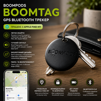 GPS Bluetooth трекер Boompods BoomTag: поиск вещей через Apple Find My, эко-пластик, громкий сигнал