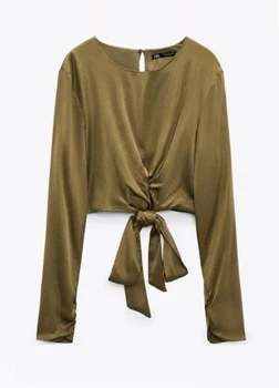 Блуза ZARA атласная укороченная с завязками спереди M