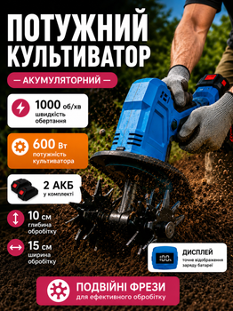 Міні акумуляторний культиватор 18V з 2 акумуляторами, електрокультиватор 2 леза для розпушування ґрунту, грядок, клумб і теплиць