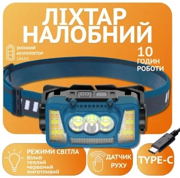 Налобний ліхтар Rablex RB965, акумуляторний налобний ліхтар, LED ліхтар 3×T6 4×COB, ліхтар із сенсором руху, ліхтар Type-C, ліхтар 18650, водозахищений налобний ліхтар, ліхтар для риболовлі, полювання, туризму, кемпінгу, будівництва, ремонту
