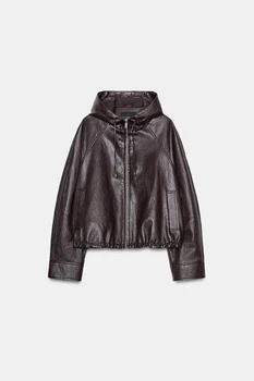 Легкая женская куртка из экокожи Zara с капюшоном коричневая M,арт.6318/038/700