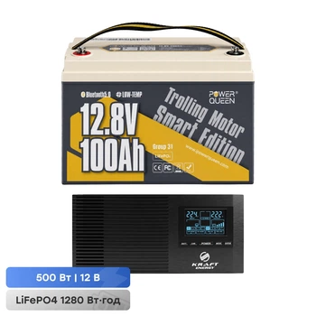 Комплект резервного живлення 500W 1280Wh: інвертор з функцією ДБЖ Kraft KRF-AVR600VA/500W-12V + акумуляторна батарея LiFePO4 12.8V 100Ah з Bluetooth Low-temp Power Queen P12V100-100-LTP-BT-4-A100 тягова (44-00518-42-00094)