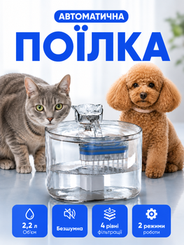 Автоматическая поилка-фонтан для кошек и собак 2.2 л — питьевой фонтанчик-поилка с фильтром, 2 режима подачи, циркуляция и аэрация, USB,