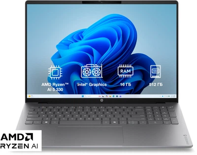 Ноутбук HP OmniBook 5 Laptop Next Gen AI 16-bp0010ua (DM8S2EA) Meteor Silver / 16" OLED WUXGA / AMD Ryzen AI 5 330 / RAM 16 ГБ / SSD 512 ГБ / Windows 11 Home / Підсвітка клавіатури / Зарядка по USB