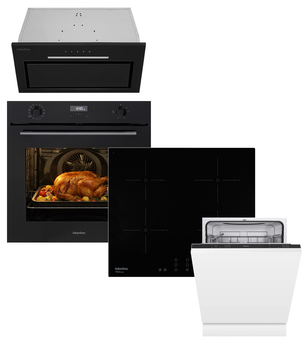 Комплект Духова шафа електрична Interline OEG 741 ETG BA + Варильна поверхня Interline VIK 860 SIB BG (INVERTER) + Посудомийна машина Interline DWI 365 P1 TSH BA+ + Витяжка Interline LINE ULTRA BL A/60 GL/S