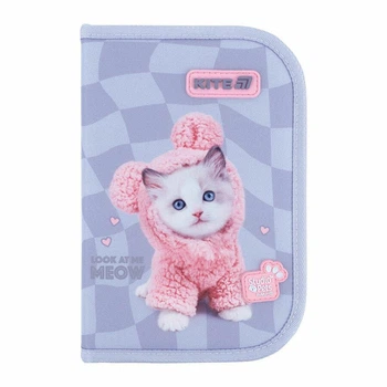 Пенал Kite Studio Pets "Котёнок в шубке" 20.5х14х4 см 1 отделение с 1 отворотом каркасный на молнии серо-голубой (SP26-622)