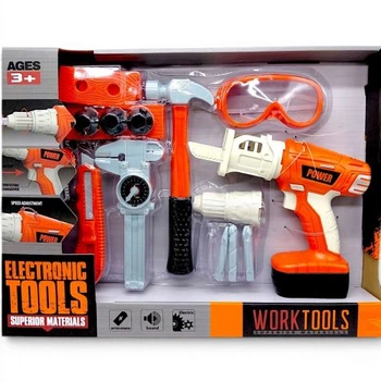 Детский набор инструментов MIC Work Tools с электронным шуруповертом 43х32 см серо-оранжевый игровой комплект для юных мастеров с очками