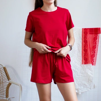 Женский комплект футболка и шорты красный 54 однотонный FW1SK5-Red-54 Ladan