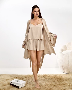 Піжама жіноча трійка халат майка шорти Priscilla Collection Бежевий, L/XL