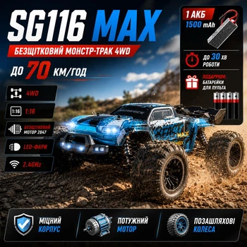 Машинка на радиоуправлении SG116 MAX 1:16 4WD до 80 км/ч — RC Monster Truck для дрифта и бездорожья, радиоуправляемый автомобиль