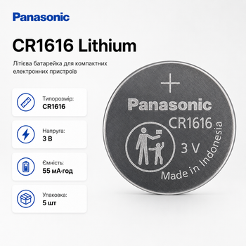 Батарейка Panasonic CR1616 3V 55 мАч Lithium в упаковке 5 шт (CR-1616/5BE)