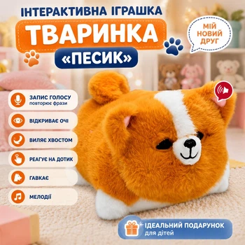 Интерактивная игрушка животное "Песик", запись голоса, открывает глаза, виляет хвостом, реагирует на ощупь, лает, мелодии (i7-191510)