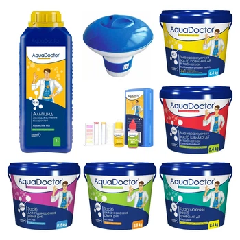 Набір хімії для басейну AquaDoctor 8 в 1 (Альгіцид, pH Minus, pH Plus, Хлор швидкої та повільної дії, Коагулянт, Дозатор, Тестер)