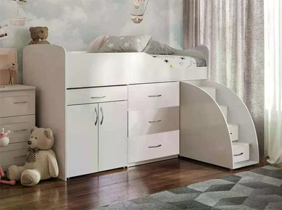 Ліжко кімната ViorinaDEKO BED-ROOM №5 1840*860 мм висувна драбина-комод, висувний стіл. Білий корпус/колір фасаду білий