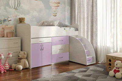 Ліжко кімната ViorinaDEKO BED-ROOM №5 1840*860 мм висувна драбина-комод, висувний стіл. Білий корпус/колір фасаду лаванда