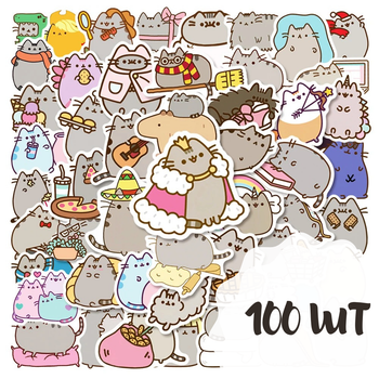 Набір вінілових наліпок Котик Пушин / Pusheen Cat - 100 шт. Водостійкі стікери з котиками для ноутбука, телефона, планера