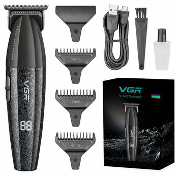 Триммер для стрижки волос VGR V-640T аккумуляторный с LED-дисплеем и 3 насадками 9000 об/мин для профессионального стайлинга Черный