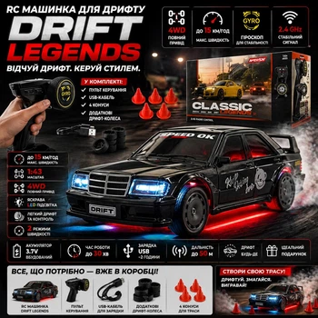 Радиоуправляемая дрифт машинка K2 Mercedes W201 Mini Drift 1:43 4WD до 15 км/ч RC авто на пульте с подсветкой