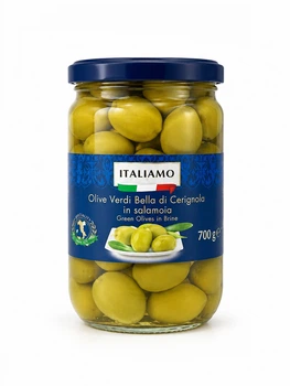 Оливки Зелені сорт Белла ді Черіньйола Italiamo Olive verdi Bella di Cerignola Італіамо Гігантські з Кісточкою 700мл 420г