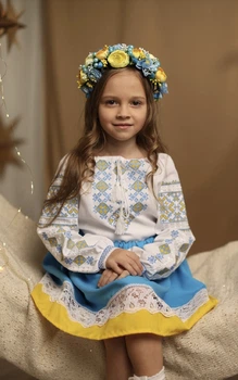 Спідниця для дівчинки Традиційна жовто-блакитна з мереживом 110