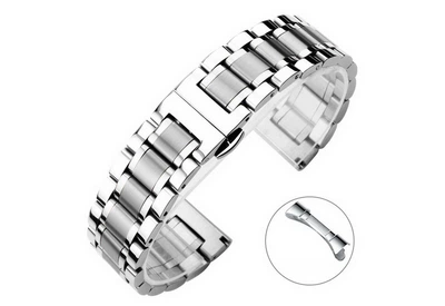 Браслет для часов 3-Link Butterfly Clasp Silver 20 мм с полукруглыми торцевыми вставками, нержавеющая сталь (BUT20W-05)