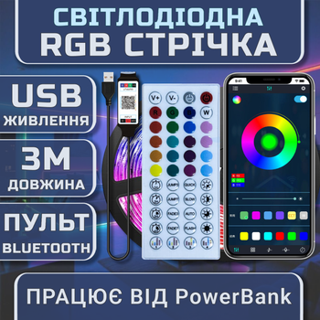 Світлодіодна біла RGB SMD5050 стрічка комплект 3м з пультом на 44 кнопки та Bluetooth, 60 світлодіодів на метр, USB 5V