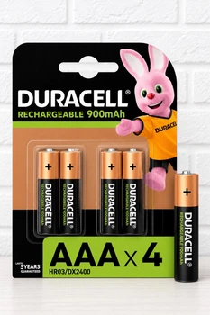 Аккумулятор Duracell 4 штуки AAA R03 900 mAh мини пальчиковые батарейки которые заряжаются для фонарей пульта часов и гирлянд батареи Дюрасел набор для техники