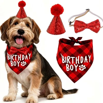 Праздничный набор для собак и кошек Birthday Boy: Бандана, колпак и галстук-бабочка Красный Size S\M
