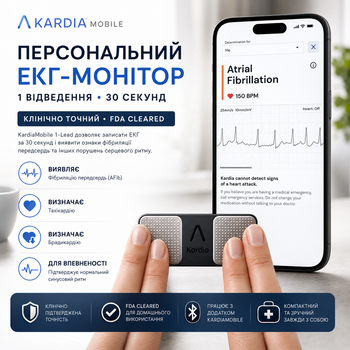 Персональный ЭКГ-монитор KardiaMobile 1-Lead, 30 секунд, AFib, тахикардия, брадикардия