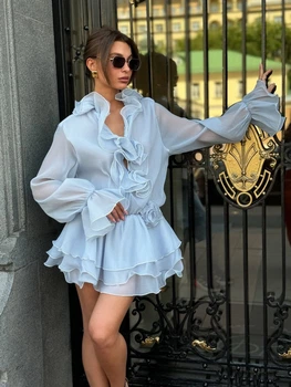 Повітряна сукня з рюшами - Classyme - XS - Синій - (20d)