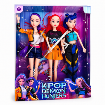 Набор кукол 3 шт. K-Pop Demon Hunters, Кей-поп шарнирные поющие охотницы на демонов с оружием