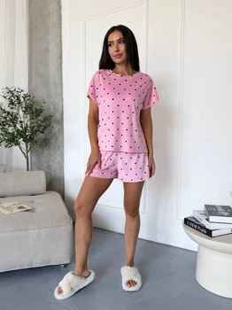 Жіноча велюрова піжама з дрібним принтом (футболка+шорти) Uaclothes 46-48 Рожевий (like39035-194711350)