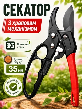 Садовий секатор з храповим механізмом GM-340 для обрізання дерев, кущів і товстих гілок до 35 мм з лезом зі сталі SK5