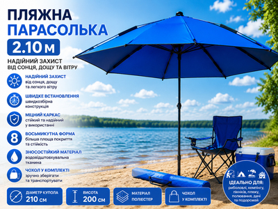 Восьмикутна рибальська парасолька 2.1 м з металевим каркасом та чохлом Синя для пляжного відпочинку та кемпінгу туристична модель