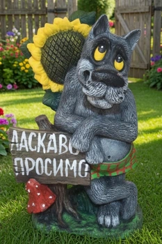 Садова фігура Вовк з табличкою «Ласкаво просимо»