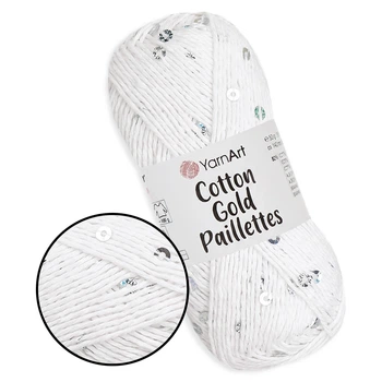 YarnArt Cotton Gold Paillettes, Белый №7102 – хлопковая пряжа с пайеткой для вязания спицами и крючком, 50 г/140 м, 82% хлопок / 18% полиэстер