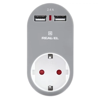 Мережевий зарядний USB-пристрій із розеткою REAL-EL CS-20, білий сірий