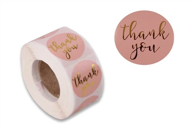 Наклейки (етикетки) самоклейні рулонні для пакування товарів "Thank you" , рожеві, 2.5 см, 500 шт./рулон ,скрапбукінг, декор